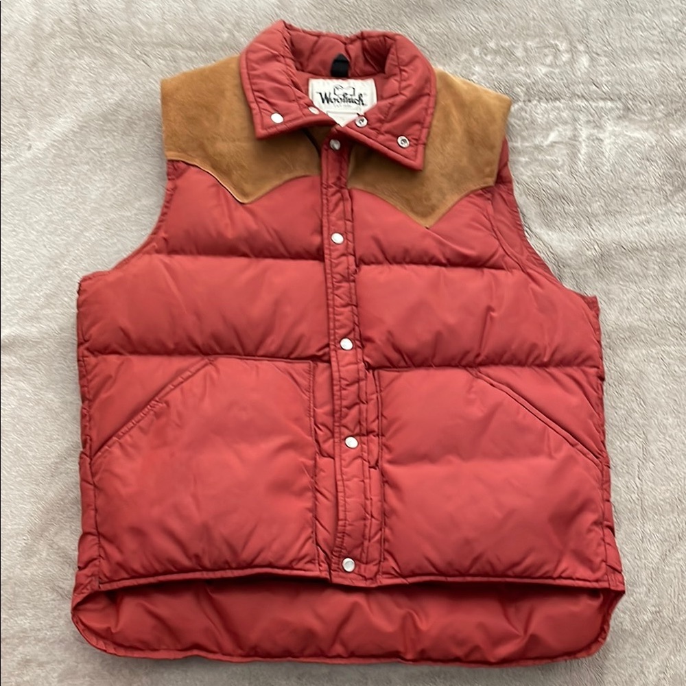 Woolrich Red/Burnt Orange Quilted Vest with Brown Shoulders